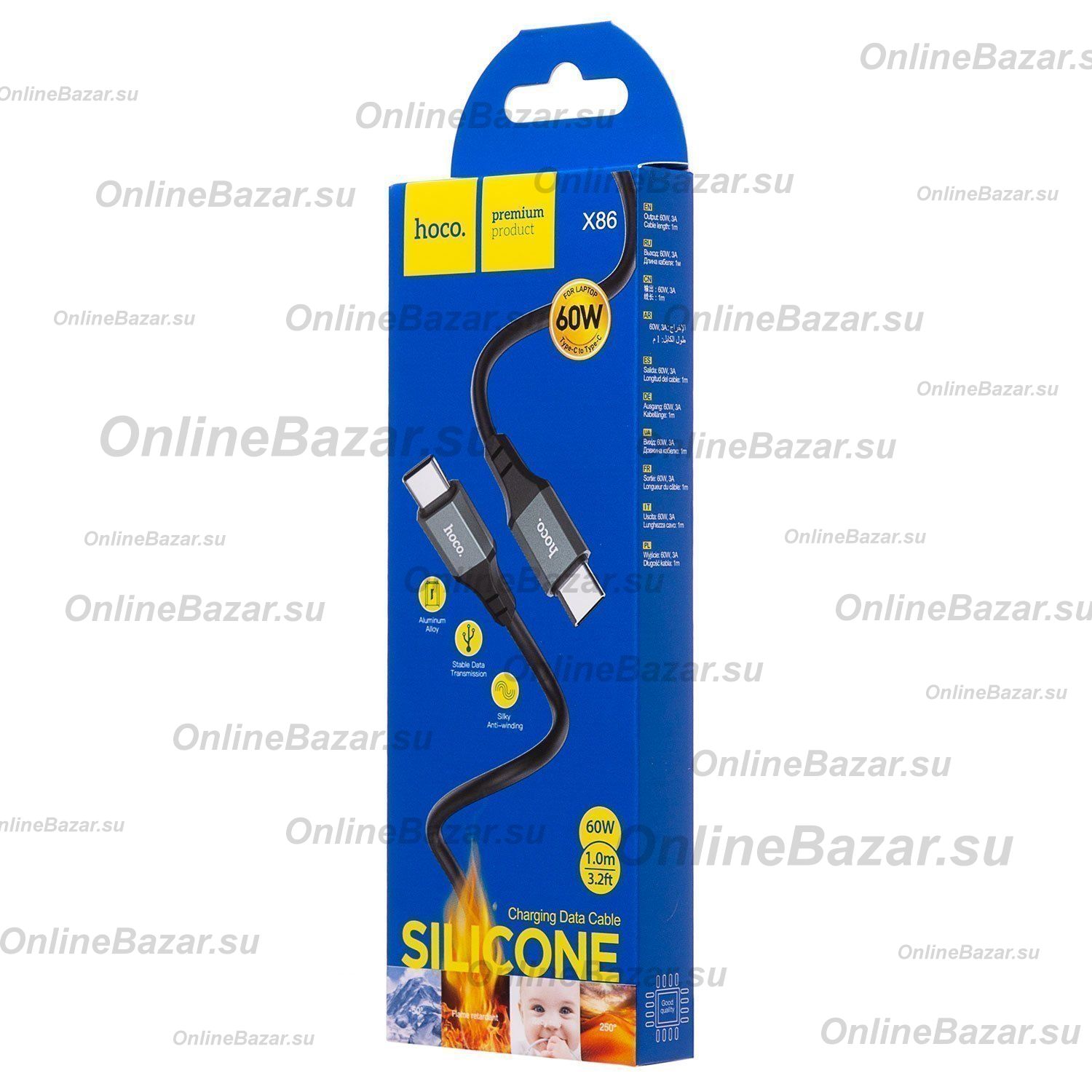 Кабель USB-C Type-C Hoco X86 (3A/PD/60W/1 метр) <черный> ― OnlineBazar.su