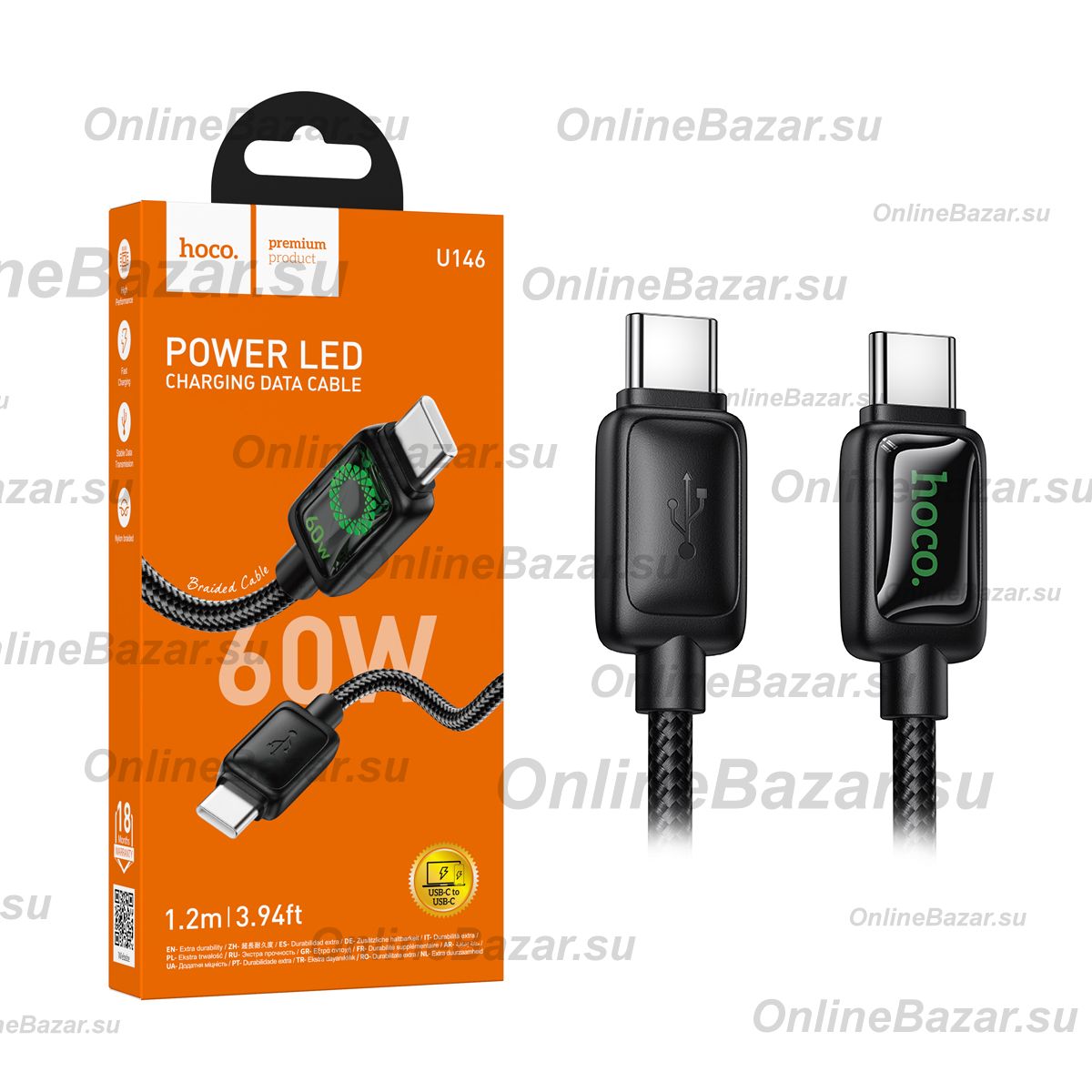 Кабель USB-C Type-C Hoco U146 (3A/60W/PD/оплетка нейлон/1.2 м) <черный> ― OnlineBazar.su