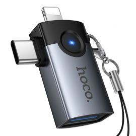 Переходник (адаптер) OTG (USB Host - iPhone lightning или Type-C) Hoco UA46D <серый>