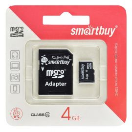 Карта памяти MicroSDHC 4 Gb CL4 Smart Buy в блистере с адаптером