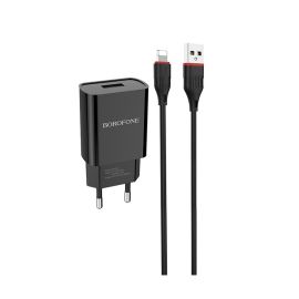 Сетевое зарядное устройство USB Borofone BA20A (2.1A + кабель Lightning) <черный>