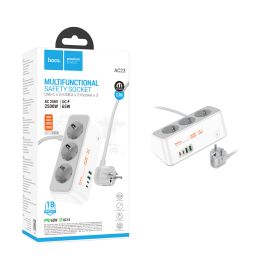 Сетевой фильтр Hoco AC23 (2500W/3 розетки/2 порта USB QС3.0/2 порта USB-C PD) <белый>