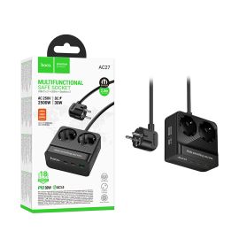 Сетевой фильтр Hoco AC27 (2500W/2 розетки/1 порт USB QС3.0/2 порта USB-C PD 30W/шнур 2 метра) <черный>